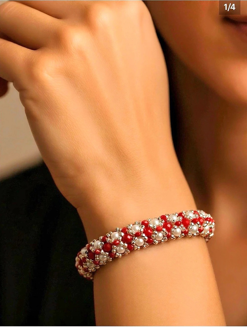 Red Beaded Pearl Cluster Bracelet Red & Silver